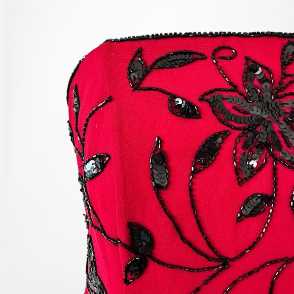 Vintage Y2K Red Black Floral Beaded Fit Flared Maxi Prom Dress Size L/XL - Picture 6 of 10